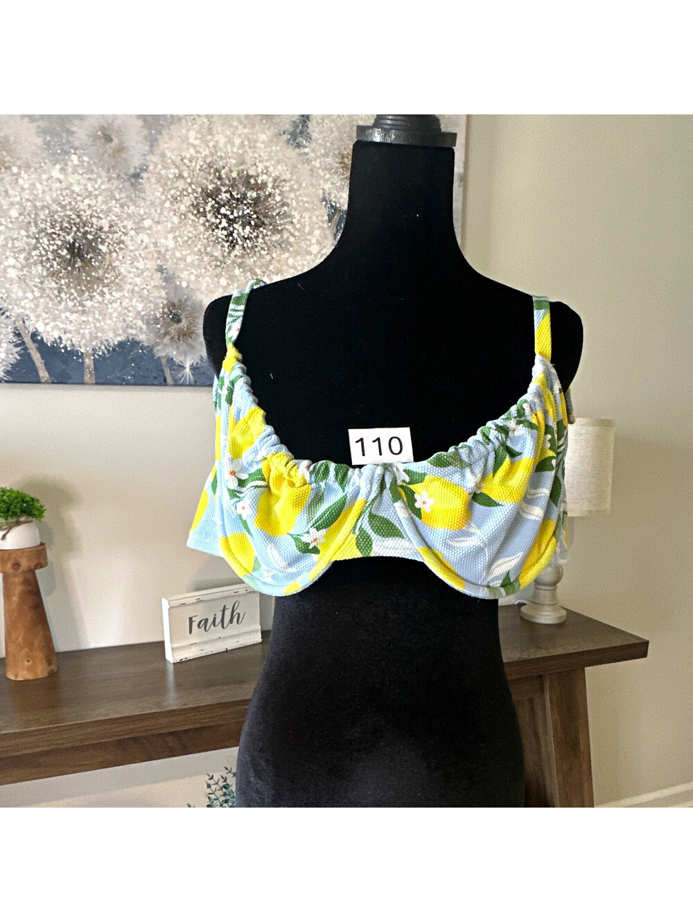 Time and Tru Lemon Floral Print Underwire Bikini Swim Top Light Blue 2X Plus